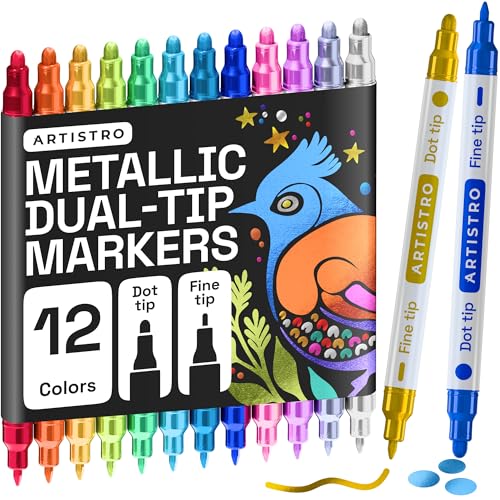 Image of ARTISTRO 12 Metallic Dual-Tip Acrylic Paint Markers - Paint Pens Set with Dot & Fine Tips for Fabric, Rock, Glass, Wood, Coloring Books - Arts & Crafts Gift - Classroom Must Haves & School Supplies