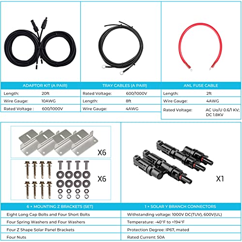 Renogy 600W 12V Monocrystalline Solar Premium Kit With 60A Mppt Charger Controller /Bluetooth Module /Adaptor Kit /Tray Cables /Fuse Cable /Mounting Z Brackets /Anl Fuse /Branch Connectors #TOP7