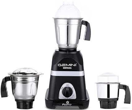 Gemini Triaa 600W Mixer Grinder with 3 Stainless Steel Jars (1 Wet Jar, 1 Dry Jar and 1 Chutney Jar), Black.Make In India(ISI Certified)
