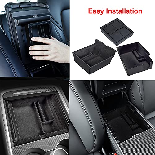Luumtee 3Pcs Center Console Organizer Tray Fit For Latest 2023 2022 2021 Tesla Model 3/Y Armrest Hidden Cubby Drawer Storage Box With Coin And Sunglass Holder Interior Accessories Tray (Flocked) #TOP5