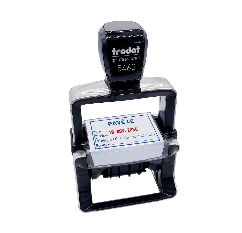 Trodat 5460L20 Professional Line 4.0 Tampon Dateur - encrage automatique rechargeable, encre de couleur bleu et rouge, format de l‘impression 56 x 33 mm - PAYÉ LE / BANQUE - 12 bandes année