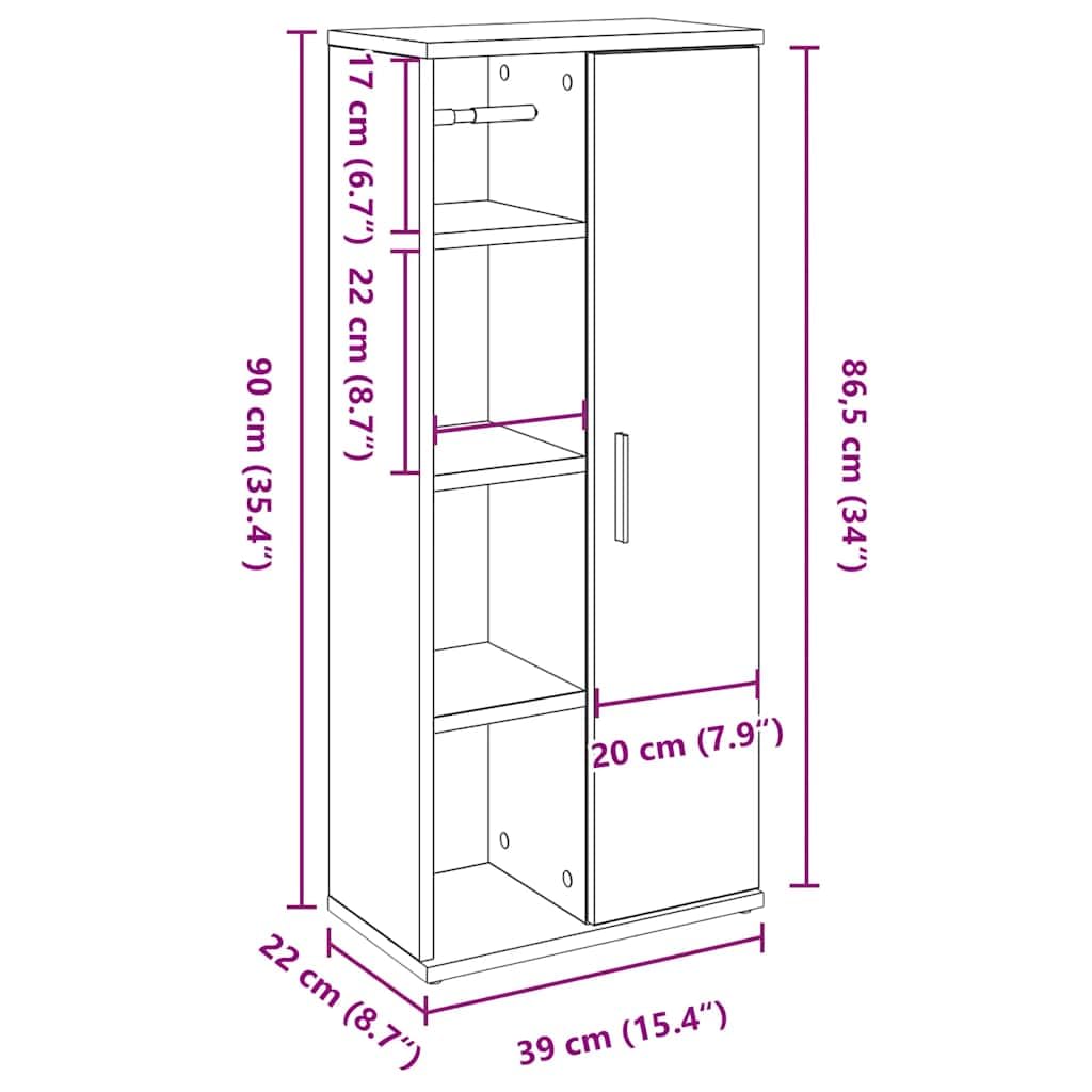 vidaXL Mueble de baño con portarrollos Roble Sonoma 39x22x90 cm, Armario de Almacenamiento de baño, Armario de Cuarto de baño, Mueble de Suelo de baño