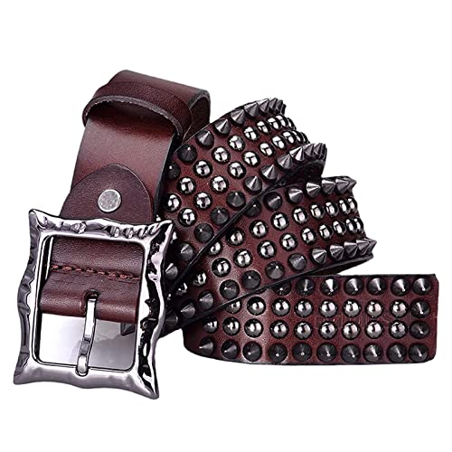 Leather Belt Studded Belt Punk Rock Cone Spikes Rivets Handmade Cow Leather Waistband Western Rectangular Buckle for Jeans Pants (110cm/waist:37