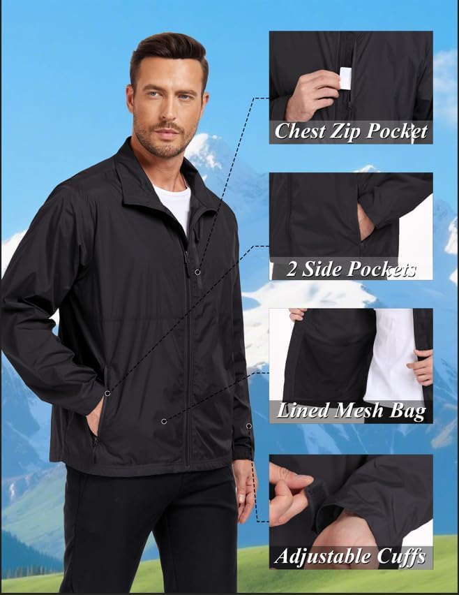 Mens Windbreaker Jackets Lightweight Travel Spring Fall Jackets Packable breathable - Image 6