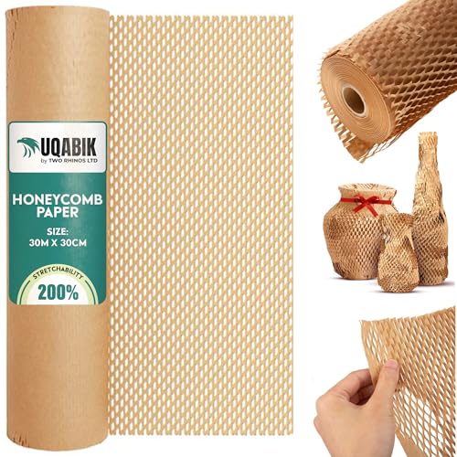 UQABIK Honeycomb Packing Paper Roll - 30cm x 30m | 200% Stretchability - Eco-Friendly Kraft Wrapping Paper for Shipping Fragile Items & Moving | Plastic-Free Alternative to Bubble Wrap (Brown)
