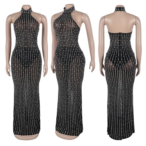 Image of Jigfar Women Sexy Elegant Rhinestone Mesh See Through Party Club Night Split Bodycon Formal Maxi Dress