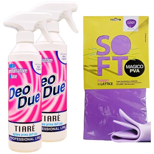 SET: 2x Profumatore Spray Per Ambienti Bifase, Uno Spruzzo Dura 3 Giorni. Profumo TIARE' 500ml + Panno In Lattice SOFT Formato 30x30