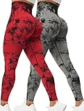 Rugkey 2 Pack Tie Dye Seamless Leggings for Women High Waisted Workout Yoga Pants, Scrunch Butt Lifting Elastic Tights Red/Black L