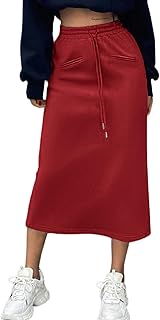 SOFIA'S CHOICE Women's Midi Skirt Drawstring High Waist Sweat Skirts with Pockets