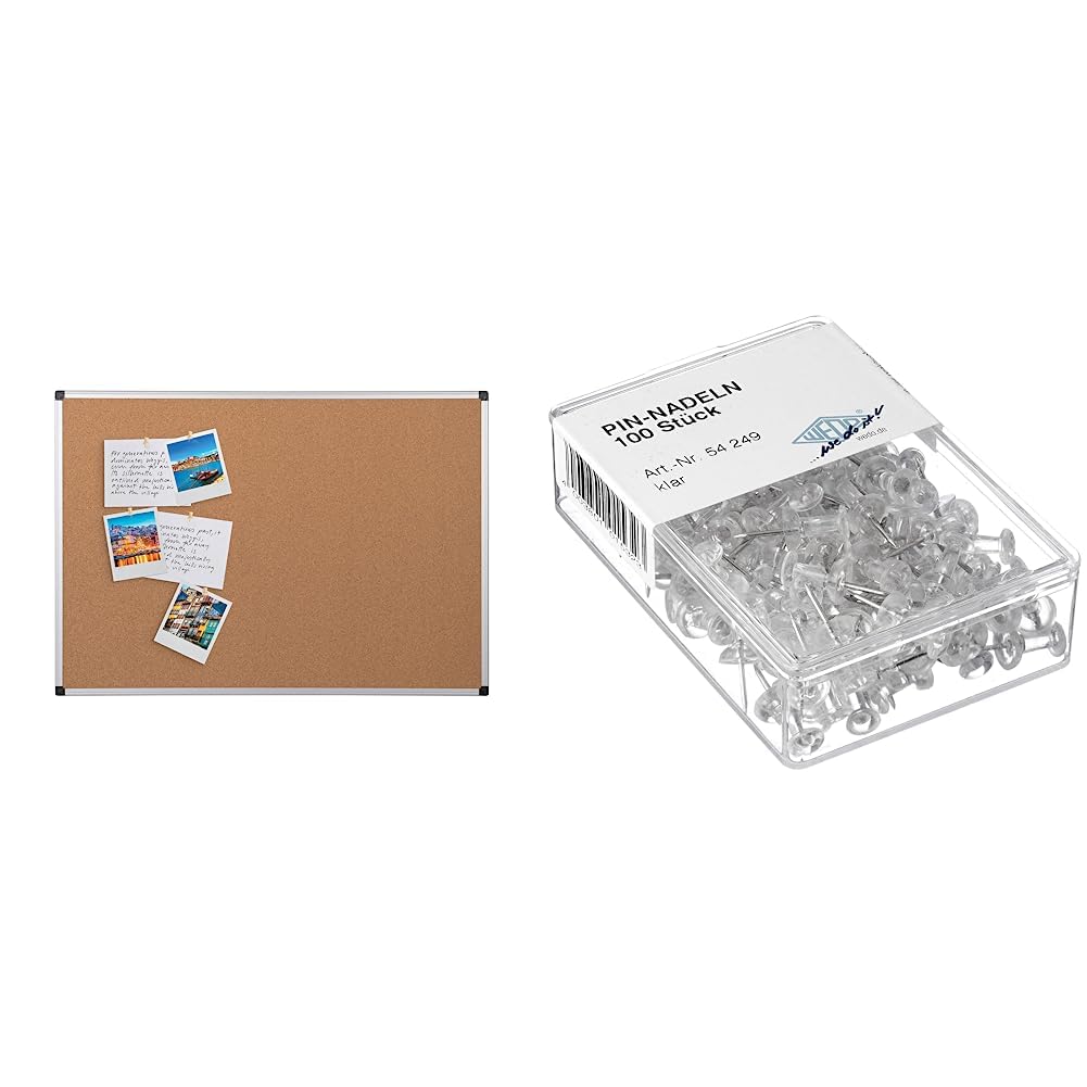 Bi-Office Korktafel Maya Mit Aluminiumrahmen und Hochwertiger Naturkorkoberfläche, Pinnwand, 90 x 60 cm & Wedo 54249 Pinnadeln Diabolo-Form, Länge 2,3 cm, Kopfdurchmesser 9 mm, Nadellänge 1,1 cm
