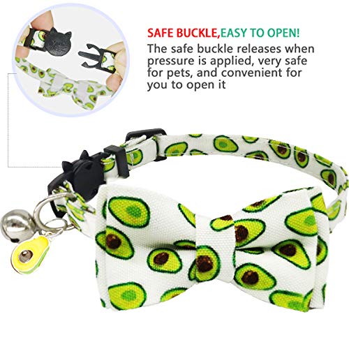 KUDES 2 Pack/Set Printed Cat Collar Breakaway with Bell Charms and Bowtie, Cute Kitten Bow Tie Collars for Kitty Puppies and Other Small Pets, Adjustable 7.8 to 10.5 Inch (Watermelon & Avocado)