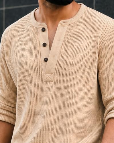 Image of AUSK Men's Waffle Knit Henley T-Shirt | Cotton Blend Full Sleeve Textured Casual T Shirt | Regular Fit Button Placket Round Neck Tshirt for Men
