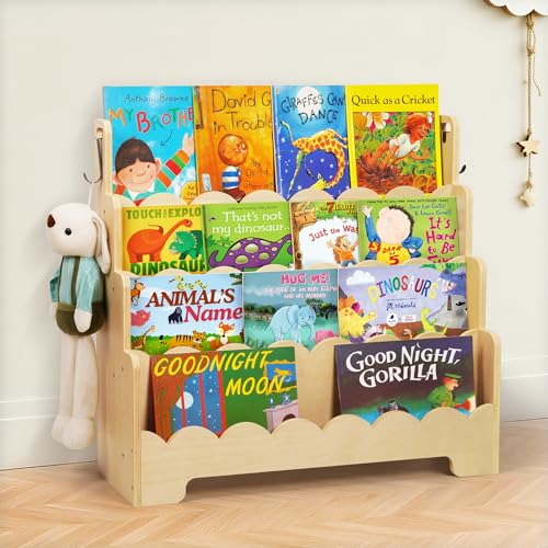 Image of Tohiasen Kids Bookshelf Wooden 4-Tier, Scalloped Book Shelf for Kids Rooms, Front Facing Toddler Montessori Bookshelf, Baby Nursery Book Shelves Kid Classroom Book Shelf Bookcase
