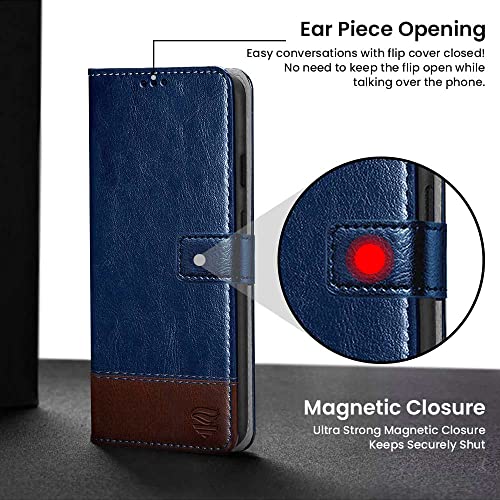 Image of FLIPPED Vegan Leather Flip Case Back Cover for Google Pixel 6A (Flexible, Shock Proof | Hand Stitched Leather Finish | Card Pockets Wallet & Stand | Blue with Brown)
