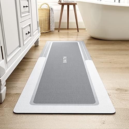 MontVoo-Bath Mat Runner Long Bathroom Mat Rug Non Slip Super Absorbent Stain Resistant Quick Dry Thin Bathroom Rug Fit Under Door-Bath Mats for Bathroom Floor Bathtub Vanity-Bathmat 17'x59' Grey
