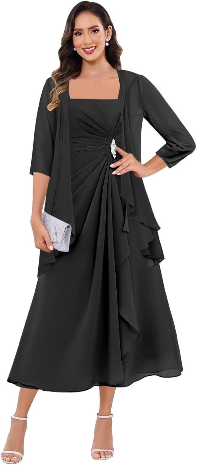 2 Pieces Chiffon Mother of The Bride Dresses for Women Ruffle Formal Evening Gowns with Jacket