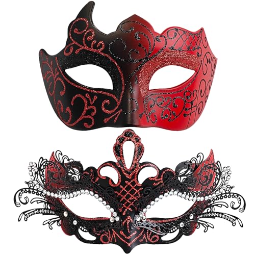 FABLENOVA Masquerade Mask for Couples Elegant Metal Filigree Venetian Mask with Shiny Rhinestones Mardi Gras Mask for Women & Men-Black and Red