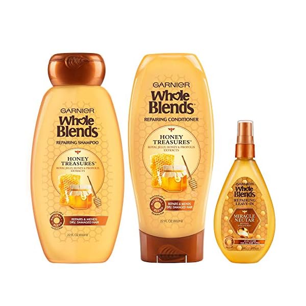 Garnier Whole Blends Honey Treasures Repairing Shampoo, Conditioner + Miracle Nectar Leave-In Set for Dry, Damaged Hair (3 Items), 1 Kit (Packaging May Vary)