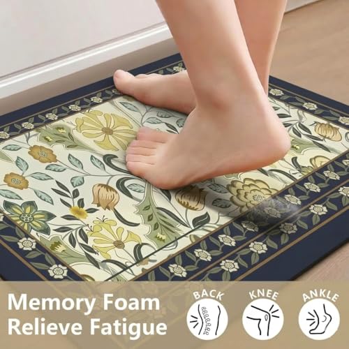 Image of Roslen Kitchen Mats for Floor Anti Slip, Waterproof Memory Foam Kitchen Rugs, Soft Cushioned Anti-Fatigue Standing Mat with Floral Design, Comfort Runner Rug Carpets for Kitchen, Sink Laundry & Home