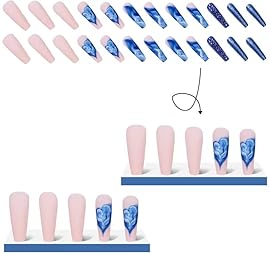 Magrace Long Coffin Press on Nails Blue Fake nails 24 pcs French Tips False Nails with Designs Stick on Nails for Women (A-5)