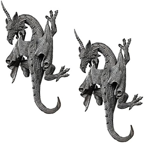 Design Toscano Horned Dragon of Devonshire Wall Hanging Sculptures, Set of Two, 14 Inch, Resin, Gray Stone Finish (PD91376)