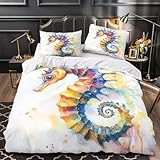 UKAWEGKKD Caballito de mar 3D Impresión Funda de edredón 3pz Microfibra hipoalergénica Acuarela Edredón Funda 2 Fundas Cremallera Niños Adolescentes Super King（260x220cm）