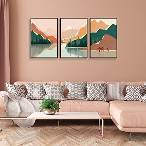 3 Piece Boho Sunset Mountain Landscape Canvas Wall Art Modern Abstract Minimalist Woodland Nursery Decor Room Aesthetic Posters Rustic Sun Forest Tree Lake Animal Deer Prints Painting 12X16In Unframed #TOP1