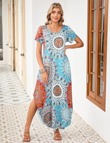 Image of JollieLovin Womens Plus Size Casual Summer Maxi Long Dress Short Sleeve T-Shirt Loose Sun Dress(L-5X)