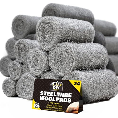 SOL 24pk 0000 Steel Wool for Polishing Wire Wool for Cleaning Mouse Mesh Mice Blocker Fine Grade Pads for Rust Removal Surface Preparation Metal Wood Glass DIY Finishing Abrasive Material