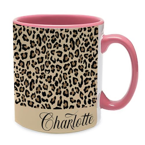 Image of Getagift Personalised Cheetah Print Mug Custom Name, Leopard Print, Animal Print, Inside Coloured Coffee, Tea Mug. (Pink)