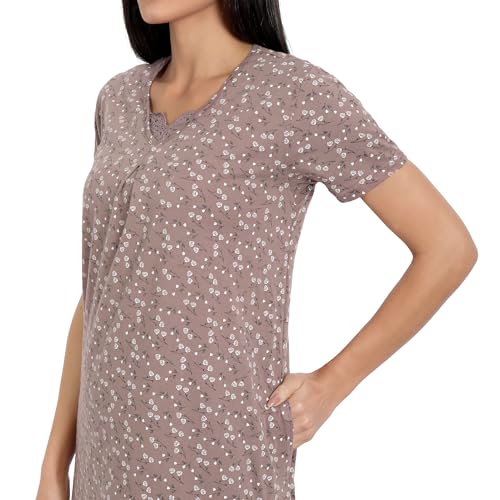 Image of BLAZON Women's Cotton Hosiery Elegant Maxi Nightdress with Lace Detailing, Floral Print, Pockets & Half Sleeves