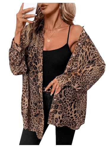 Milumia Women's Leopard Cheetah Sheer Mesh Button Down Shirt Long Sleeve Drop Shoulder Blouse Top