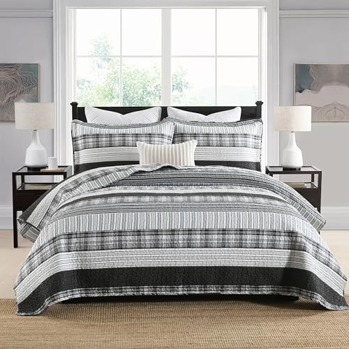 Image of Homzard 100% Cotton Quilt Set,California King 118'' x 106'' Oversized Bedspread Set with 2 Pillow Shams, Black Plaid Striped Oversized Comforter Set, 3 Pieces Farmhouse Coverlet | Breathable