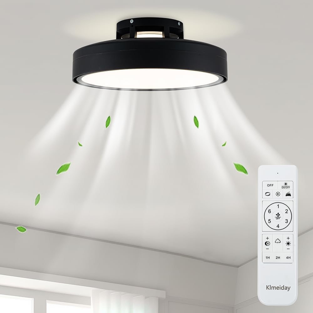 Ceiling Fans with Lights and Remote, Flush Mount Modern Bladeless Ceiling Fan with Light, 6 Speeds, Stepless dimming and CCT 3000K-6000K LED Lights for Bedroom, Study Room (Black, 17.7″)