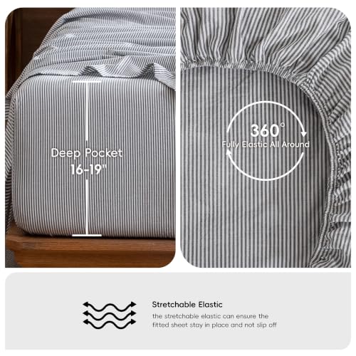Image of MooMee Striped Sheet Set 100% Washed Cotton Linen Like King