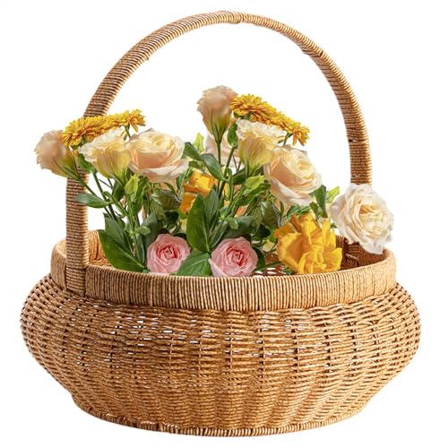 Gvblkq Cesta de frutas tejida, cuencos redondos de almacenamiento para servir, cesta de pan de ratán de imitación, mimbre decorativo con asas para encimera de cocina, almacenamiento multiusos, diseño