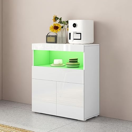 Sideboard,Buffetschrank,Kommode mit 2 Türen und 1 Schubladen,Hochglanz TV Schrank Highboard mit LED-Beleuchtung,Aufbewahrungsschrank mit offenem Fach für Esszimmer Wohnzimmer 80x35x90cm (Weiß) Sideboard,Buffetschrank,Kommode mit 2 Türen und 1 Schubladen,Hochglanz TV Schrank Highboard mit LED-Beleuchtung,Aufbewahrungsschrank mit offenem Fach für Esszimmer Wohnzimmer 80x35x90cm (Weiß)