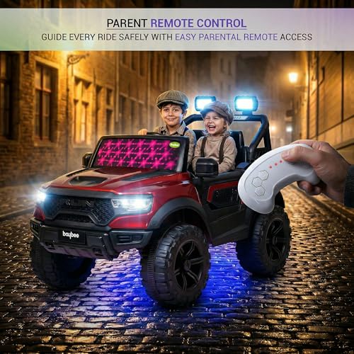 Image of Baybee 4x4 TurboX Pro Electric Car for Kids with Remote Control | Baby Electric Rideon Cars with Swing Mode, RGB Lights & Music | Rechargeable Battery Operated Jeep for Kids 2+ Years (Metallic Red)