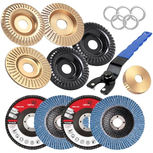 16-Piece Wood Carving Disc Kit for 4 in 4.5 in Angle Grinder Woodworking Grinding Wheels Kit with 7/8-5/8 Arbor for Quick Rough Cutting Shaping Sanding Polishing