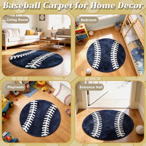 Tapete Redondo Azul Marino 31.5 in Diseño Béisbol miniatura 7