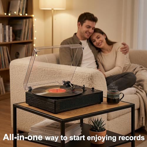 Image of Vinyl Record Player with Bluetooth, 3-Speed Belt-Drive Turntable with Built-in Speakers, Easy Setup for Beginners, USB Recording, RCA /AUX /Headphone Jack, Classic Black Wood Design
