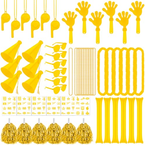 Soulchen 180 Pcs Yellow Team Spirit Accessories Bulk Field Day Accessories Pep Rally Color War Camp Spirit Events Party Items Cheerleading Pom Poms Clappers Thunder Stick Whistle Megaphone