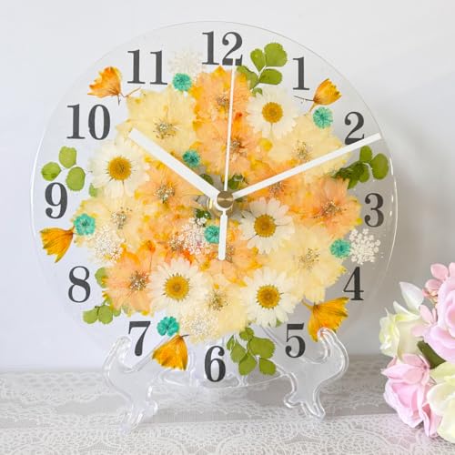 押し花 花時計 【ラークスパー掛け時計・置時計】 ハンドメイド お花が好きなあの方へ 花時計ギフト!可愛いボックス入り 母の日 誕生日 結婚御祝 結婚記念日 退職プレゼント 内祝 還暦 古希 喜寿 敬老の日 (オレンジ, 直径18cm)