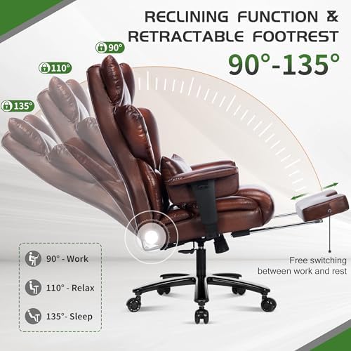 Big and Tall Office Chair with Footrest 650LBS,Large Heavy Duty Executive Office Chair-Wide Seat,Ergonomic High Back Computer Chairs for Heavy People,Adjustable Lumbar Support,Dual Rubber Wheels,Brown - Thumbnail 5