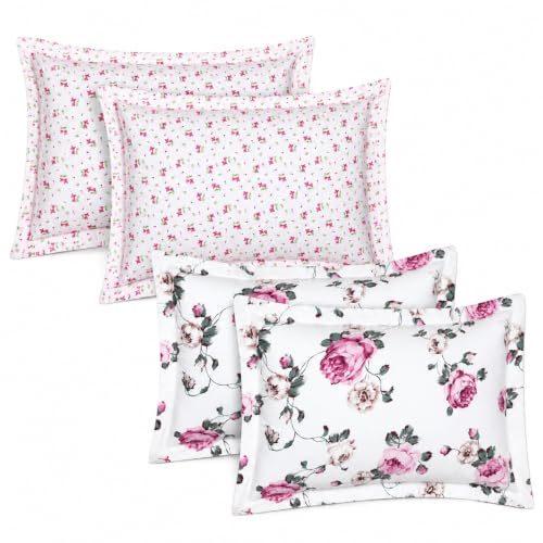Image of HOUSE FOX Zipper Cotton Pillow Covers /Cases /Protectors (NOT Pillow) Set of 2 Pair Or 4 Pcs,Size -18x28inch with Zip /Chain (Floral White Pink, Standard)