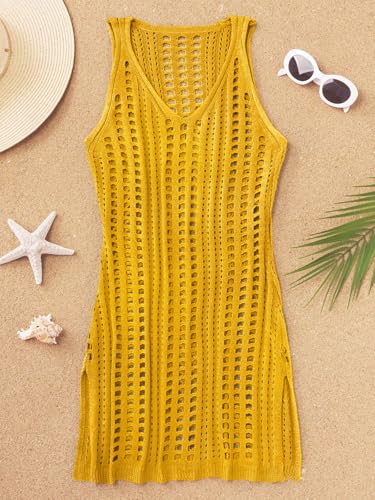 Image of Bellelily Swimsuit Coverup for Women Bathing Suit Cover ups Crochet Beach Tank Dress Hollow Out Slit Bikini Cover Up Dresses