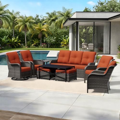 Image of Joyside 9 Piece Wicker Patio Furniture Set, Outdoor Swivel Rocker Patio Chairs with High Back, Deep Seating, Wide Armrest, Thickened Cushions, Outdoor Furniture for Deck, Porch Use