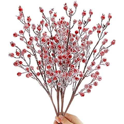 Topotdor 4 Pack Artificial Red Berry Stems,19 Inch Snow Covered Christmas Holly Berry Branches for Christmas Tree Wreath Floral Arrangements,Holiday Home Decor and Crafts (Snow Covered Red) Cover
