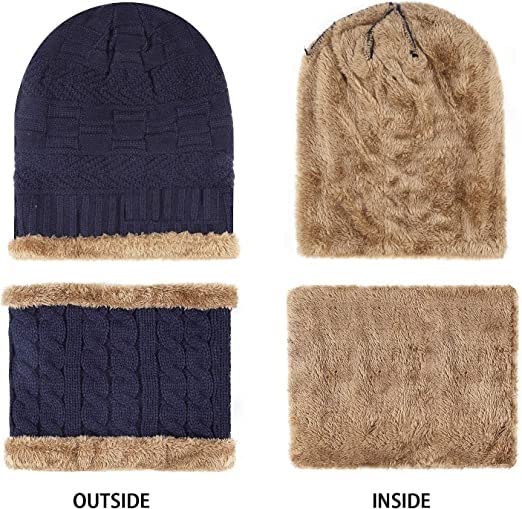 Image of Winter Thick Fleece Lined Beanie woolen Cap Hat, Neck Scarf and Touchscreen Gloves Set cap for Men Women(3 set)