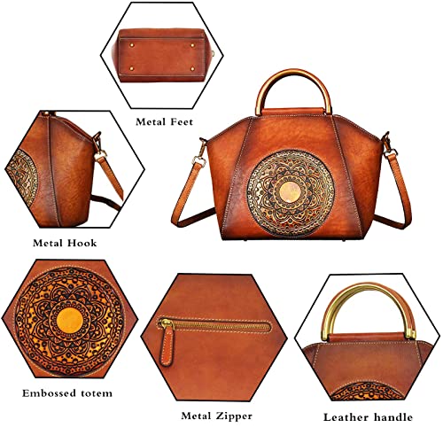 Women Genuine Leather Handbags Ladies Vintage Satchel Embossing Totem Retro Shoulder Crossbody Vegetable Tanning Leather Bag (Orange Brown) #TOP4